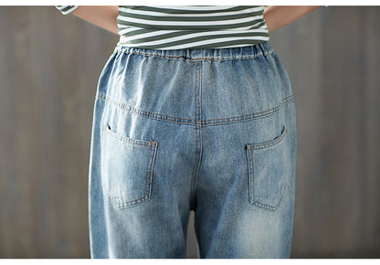 Casual Elastic Waist Cropped Jeans for Women