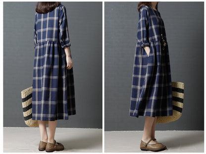 Vintage Linen Plaid Women Plus Sizes Long Dresses