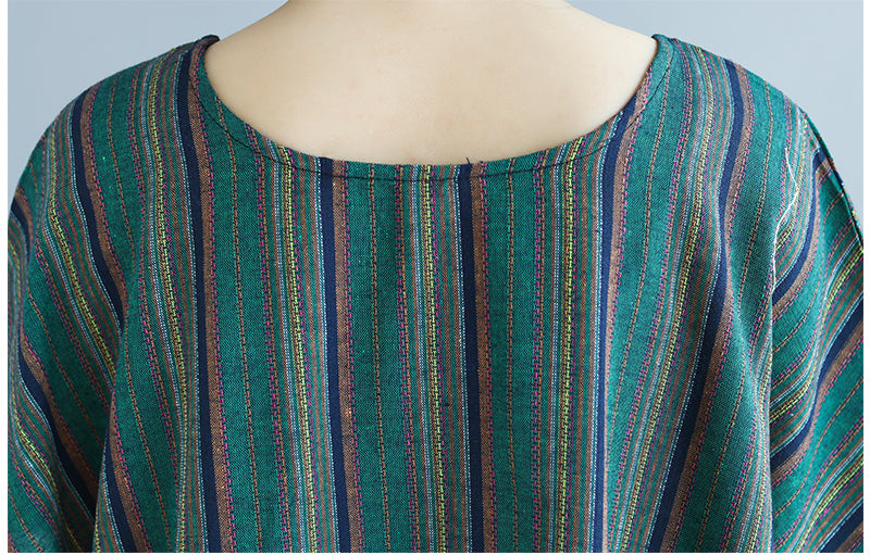 Vintage Green Linen Striped Asymmetrical Short Dresses