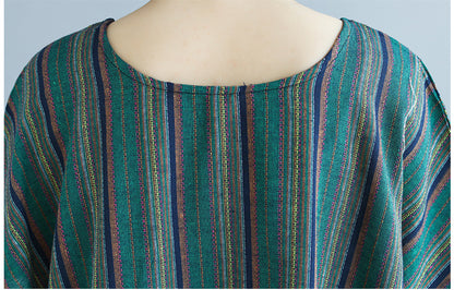 Vintage Green Linen Striped Asymmetrical Short Dresses