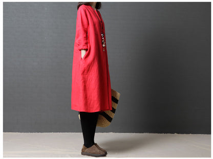 Vintage Linen Women V Neck Long Shirt Dresses
