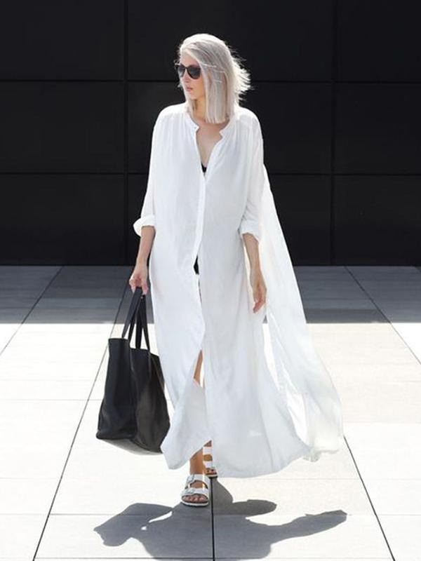 Solid Lapel Long Shirt Dress-STYLEGOING