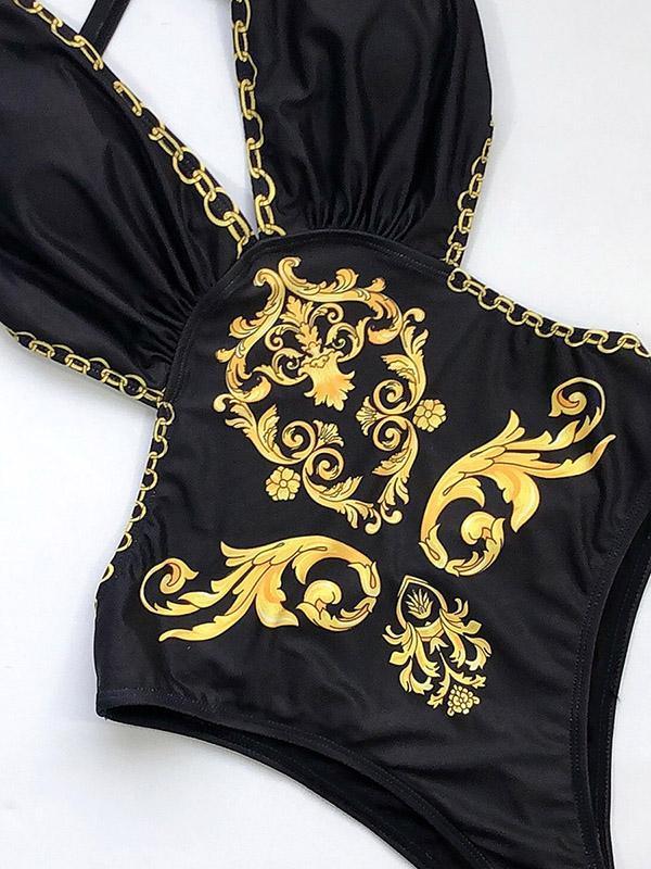 V-Neck Backless Printing One-Piece Swimwear-STYLEGOING