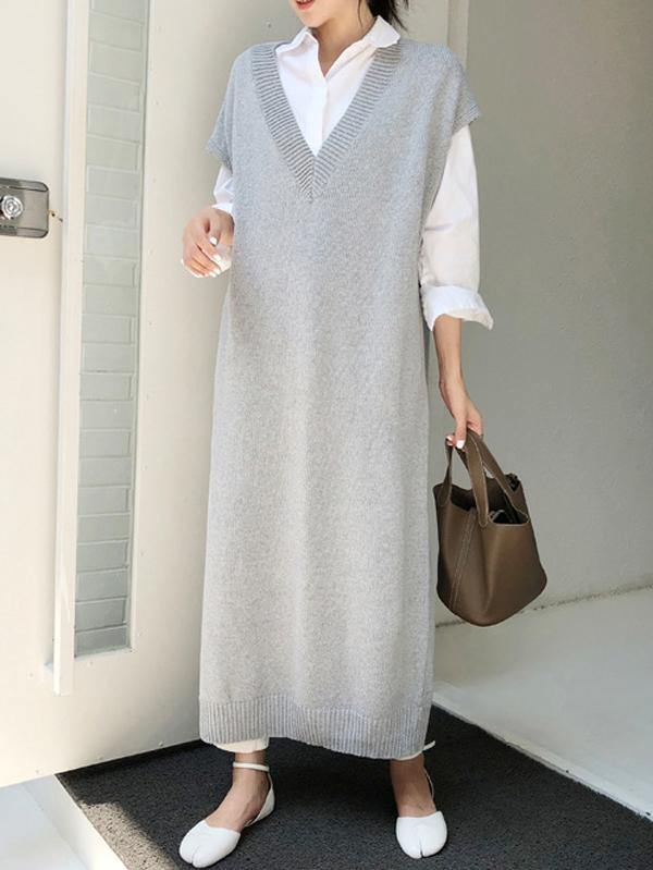 Knitting Loose V-Neck Sleeveless Long Dress-STYLEGOING