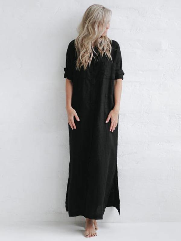 Simple Split-Side Lapel Long Shirt Dress-STYLEGOING