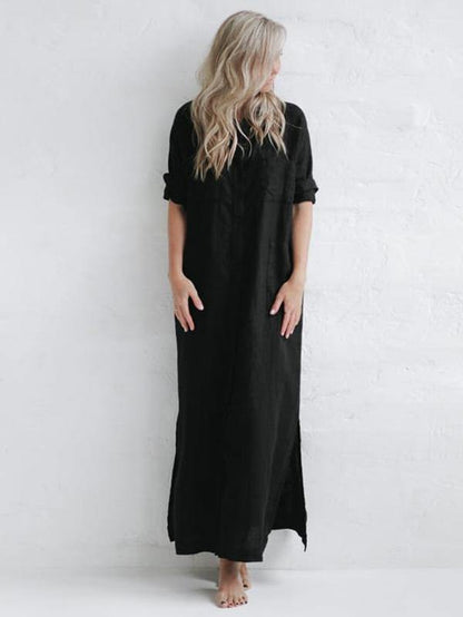 Simple Split-Side Lapel Long Shirt Dress-STYLEGOING