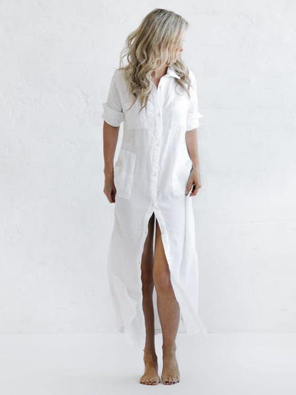 Simple Split-Side Lapel Long Shirt Dress-STYLEGOING