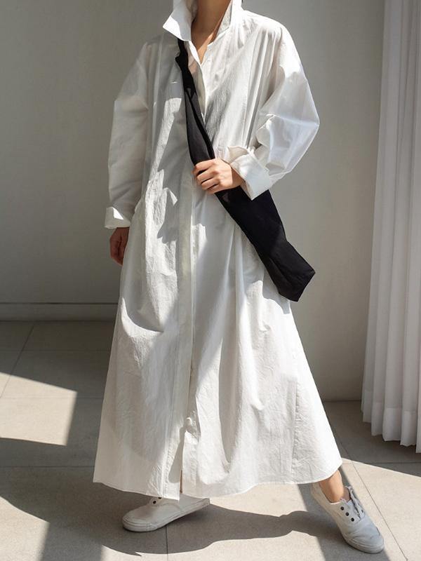 Urban White Lapel Long Shirt Dress-STYLEGOING