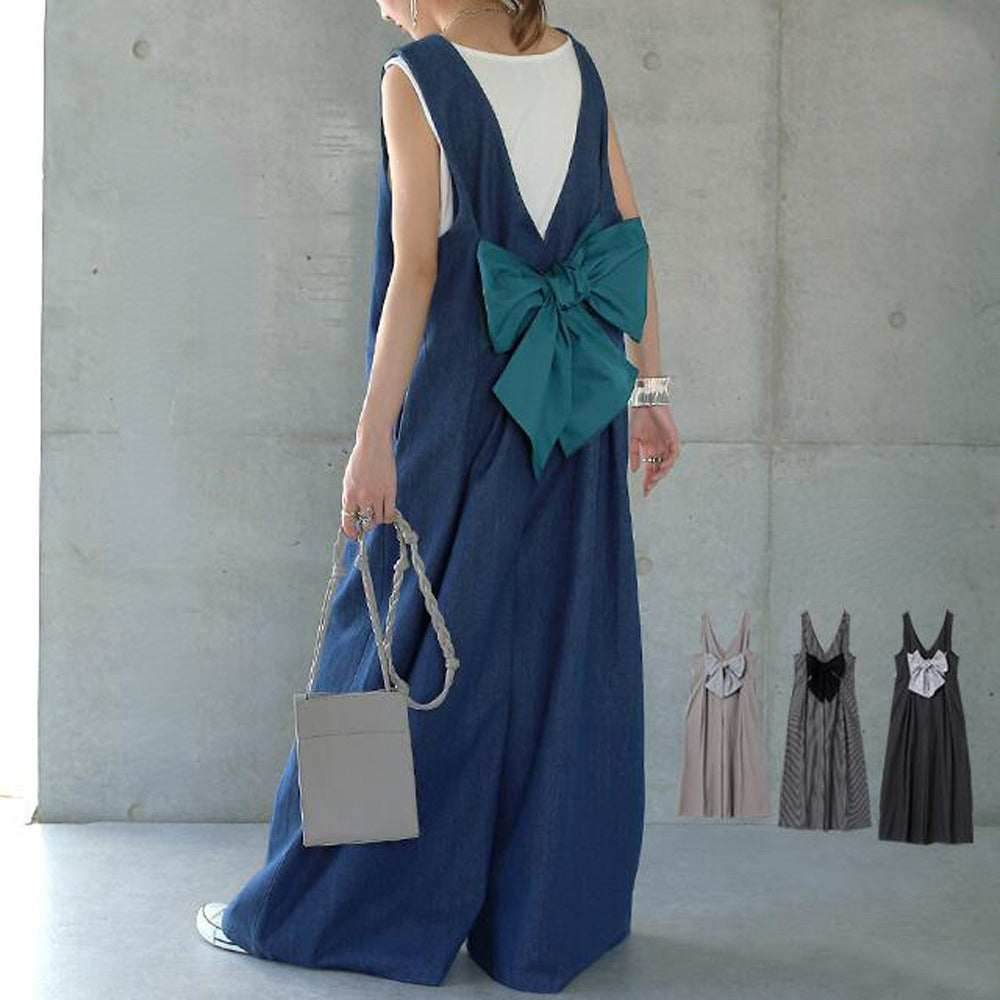 Leisure Wide Legs Rompers with Bow Design