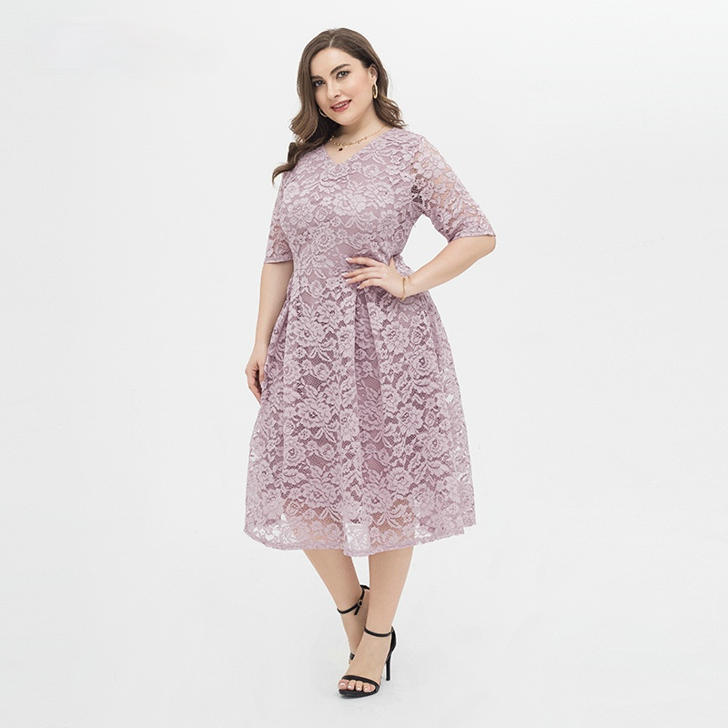 Women Plus Sizes Lace Short Sleeve Dresses-STYLEGOING