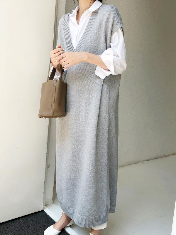 Knitting Loose V-Neck Sleeveless Long Dress-STYLEGOING
