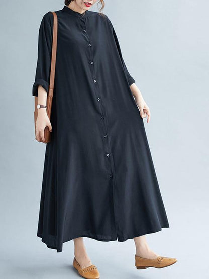 lSolid Round-Neck Shirts Long Dress-STYLEGOING