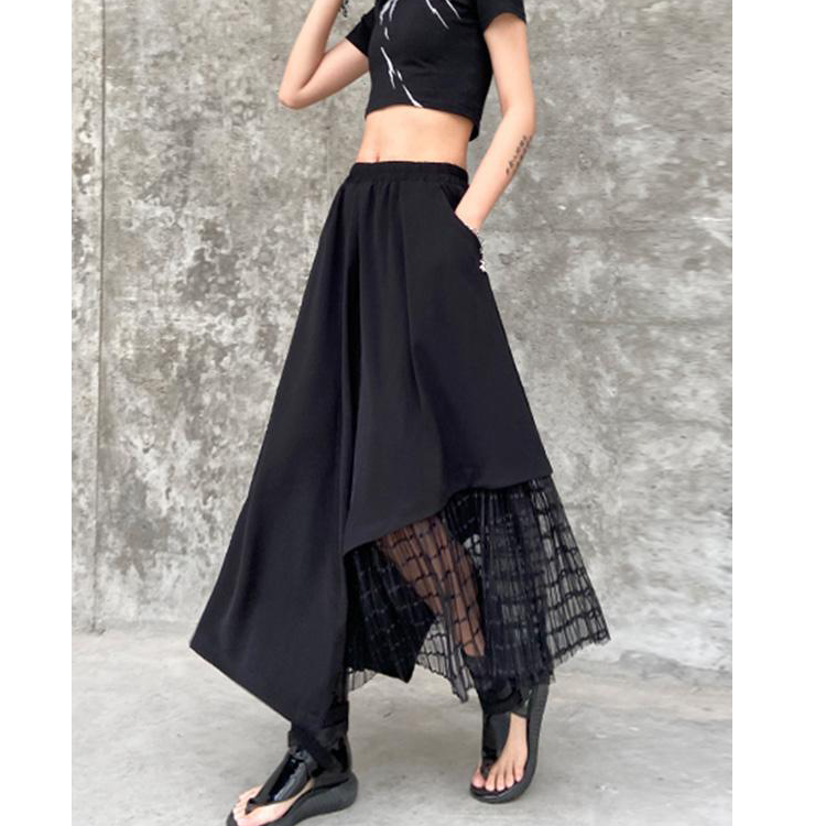 Black Casual Split-Joint Gauze A-Line Long Skirts