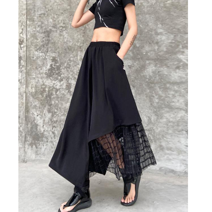 Black Casual Split-Joint Gauze A-Line Long Skirts