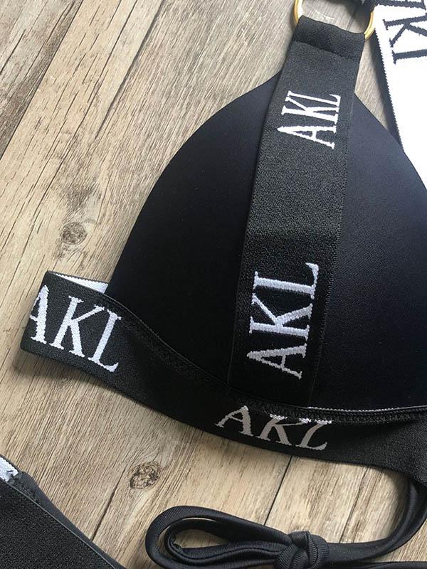Letter Print Gathered Bikini Swimsuit-STYLEGOING