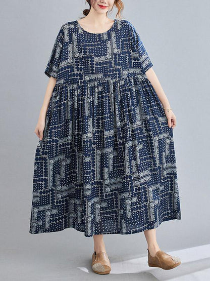 Retro Short Sleeve Round-Neck Long Dresses-STYLEGOING
