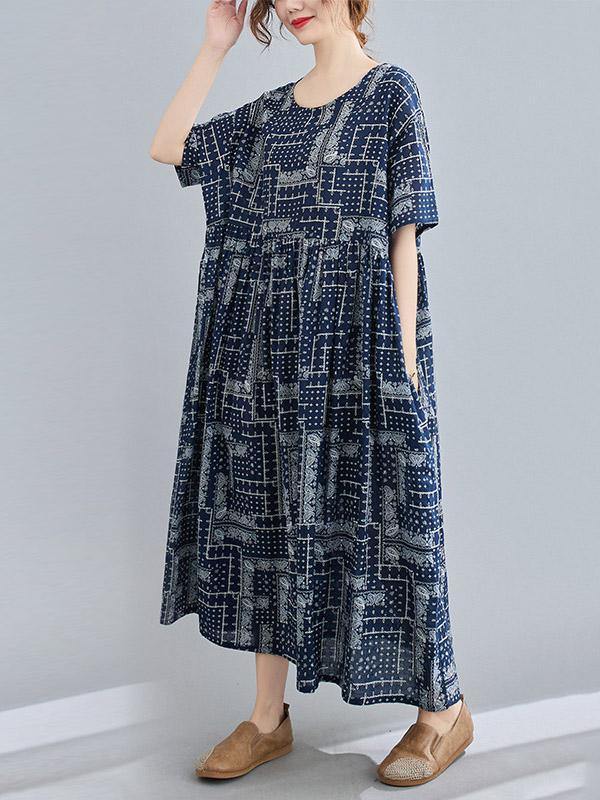 Retro Short Sleeve Round-Neck Long Dresses-STYLEGOING