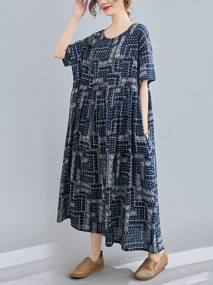 Retro Short Sleeve Round-Neck Long Dresses-STYLEGOING