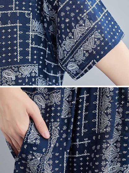 Retro Short Sleeve Round-Neck Long Dresses-STYLEGOING