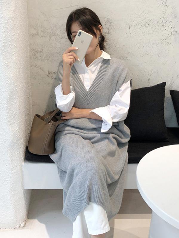 Knitting Loose V-Neck Sleeveless Long Dress-STYLEGOING