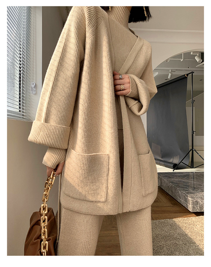 Fashion Women Knitting Cardigan Basic Top and Pants Sets