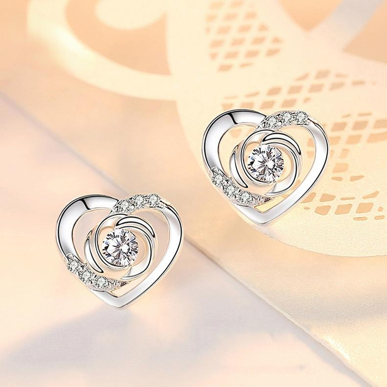 Heart Rose Design Sterling Sliver Zircon Studs