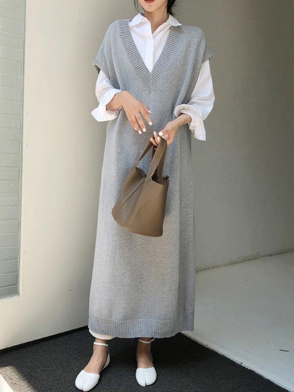 Knitting Loose V-Neck Sleeveless Long Dress-STYLEGOING