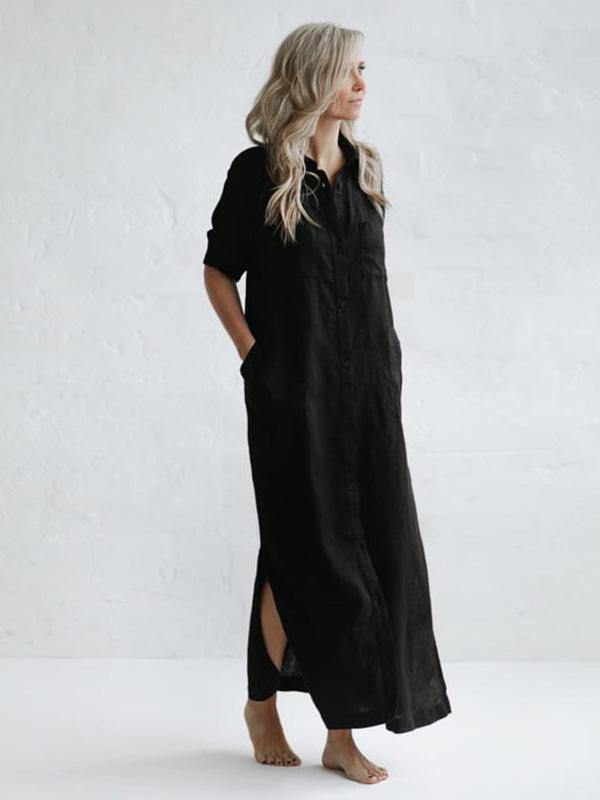Simple Split-Side Lapel Long Shirt Dress-STYLEGOING
