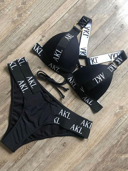 Letter Print Gathered Bikini Swimsuit-STYLEGOING