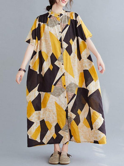 Printed Stand Collar Long Dress-STYLEGOING