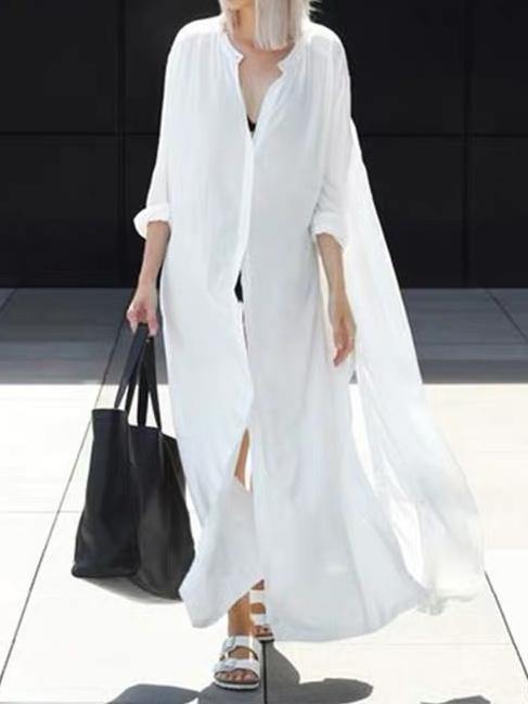 Solid Lapel Long Shirt Dress-STYLEGOING