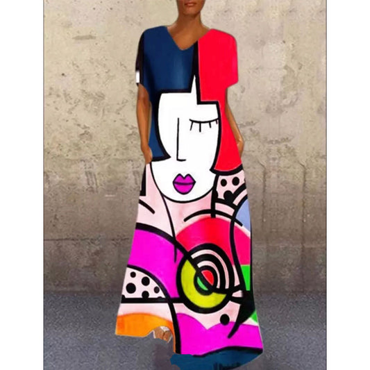 Vintage Face Cat Colorful Print Long Dresses for Women