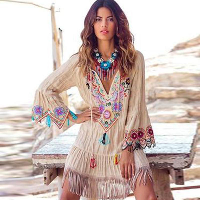Flared Sleeves Tasseled Mini/Short Dress-STYLEGOING