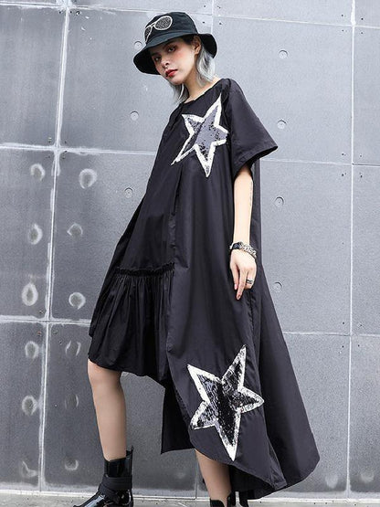 Black Oversize Asymmetric Stars Dress-STYLEGOING