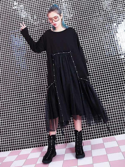 Black Loose Rivet Gauze Splicing Dress-STYLEGOING