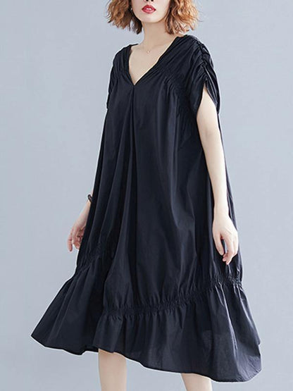 Black Loose Drawstring Ruffled Midi Dress-STYLEGOING