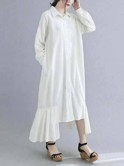 Lapel Cotton And Linen Long Maxi Dress-STYLEGOING