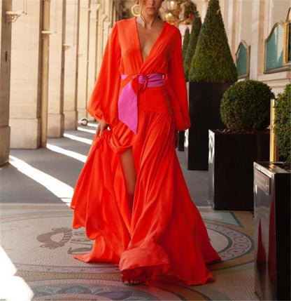 Red Color Split-Front Long Sleeves Maxi Dresses-STYLEGOING