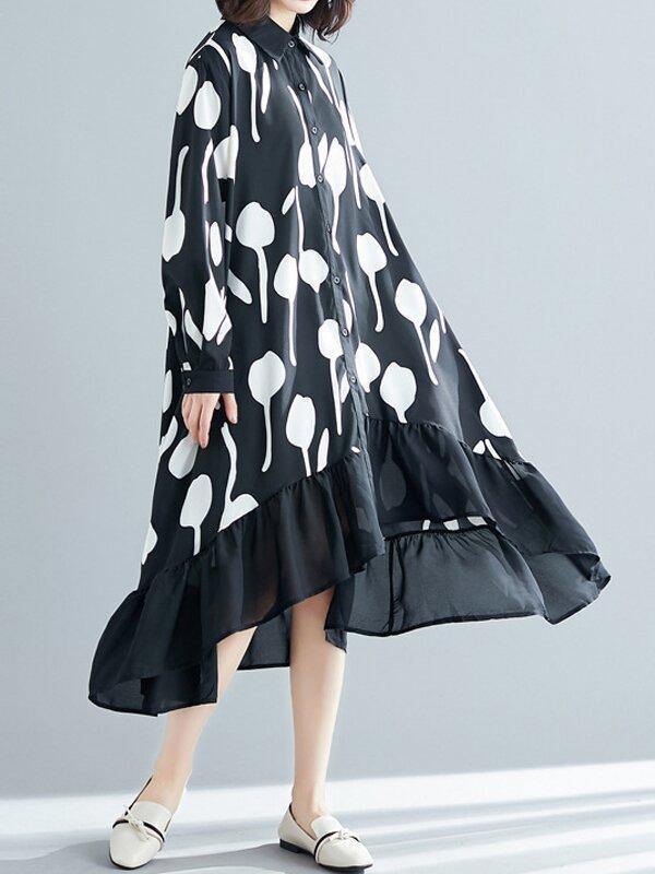 Black Printed Ruffle Shirt Midi Dress-STYLEGOING