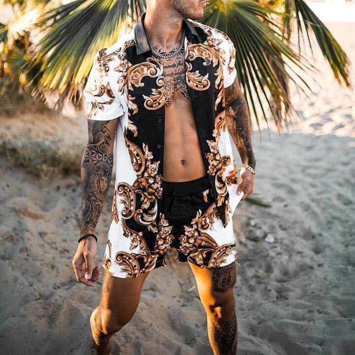 Summer Men's Royal Print T-shirts and casual shorts-STYLEGOING