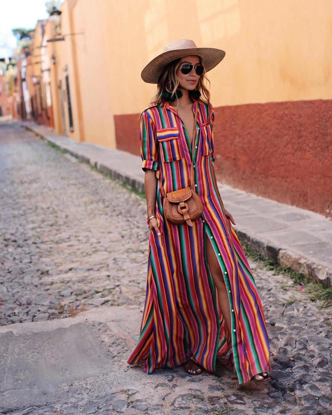 Bohemia Striped Shirt Half Sleeves Maxi Dress-STYLEGOING
