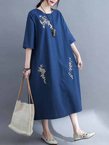 Embroidery Vintae Color Half-Sleeve Long Dress-STYLEGOING