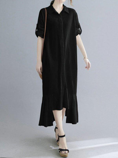 Lapel Cotton And Linen Long Maxi Dress-STYLEGOING
