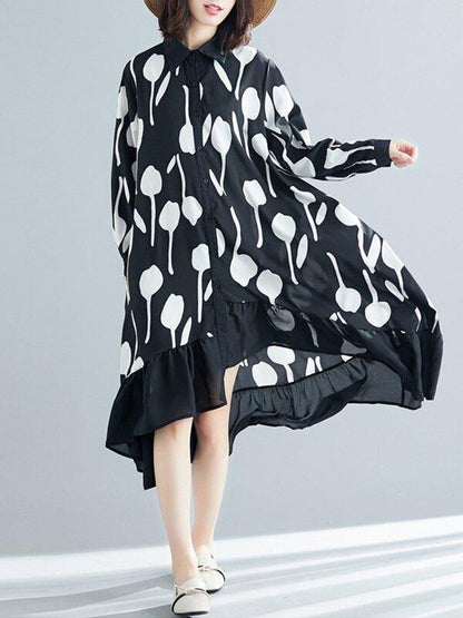 Black Printed Ruffle Shirt Midi Dress-STYLEGOING