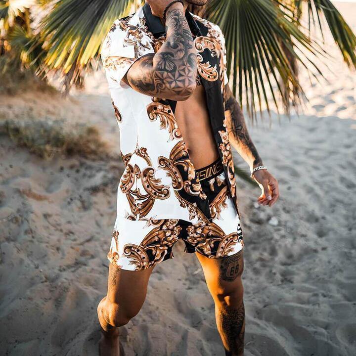 Summer Men's Royal Print T-shirts and casual shorts-STYLEGOING