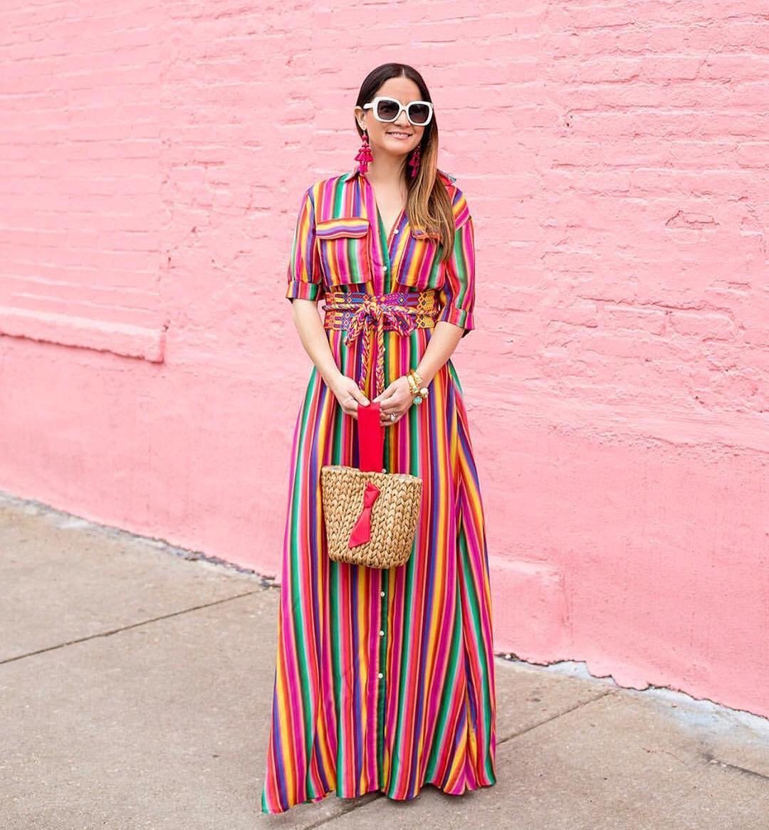Bohemia Striped Shirt Half Sleeves Maxi Dress-STYLEGOING