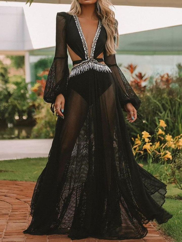Black Gauze See-Through Maxi Dresses-STYLEGOING