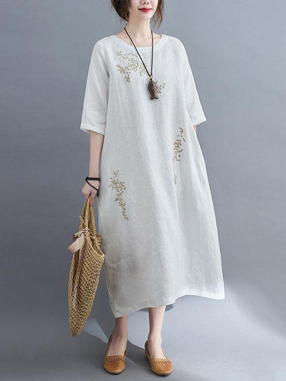 Embroidery Vintae Color Half-Sleeve Long Dress-STYLEGOING
