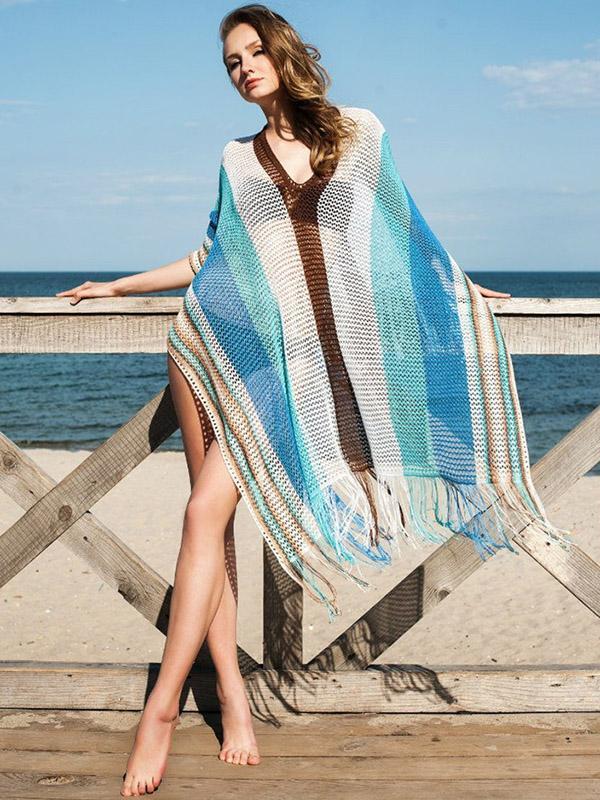 Summer Striped Tasseled Beach Cover-Ups-STYLEGOING