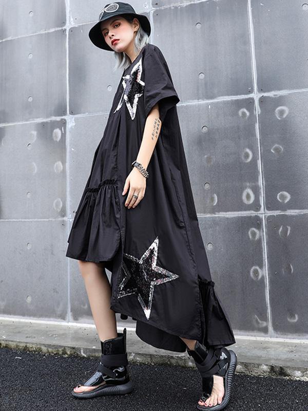 Black Oversize Asymmetric Stars Dress-STYLEGOING